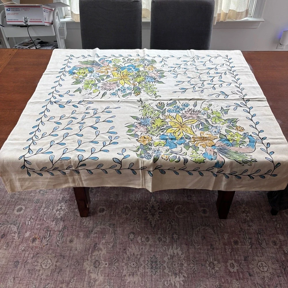 Vintage Floral Hand Printed Linen Tablecloth Square 51x51 Mid Century Retro